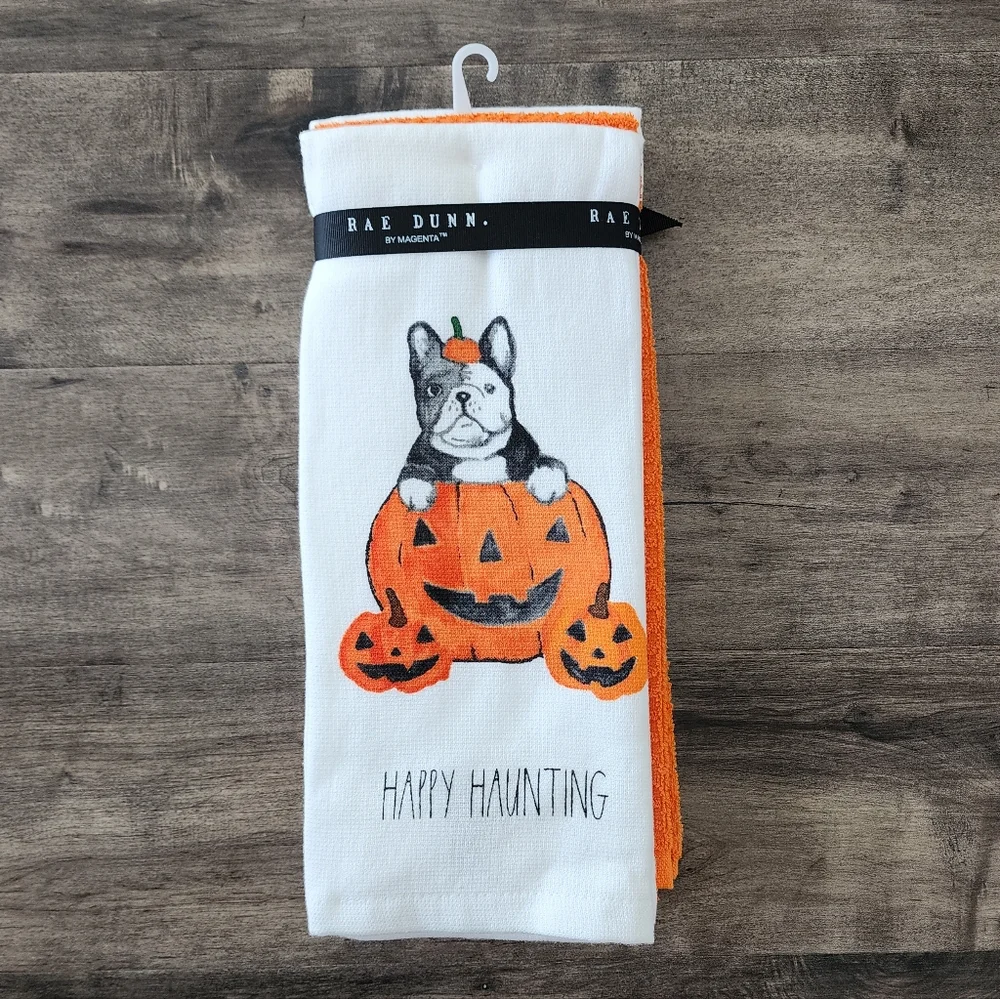 Frenchie Happy Haunting Kitchen Towel Set Of 3 - Rae Dunn By Magenta NWT